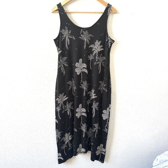 J Jill Black Sleeveless Palm Tree Tropical Jersey Midi Dress Size Small Petite - Picture 2 of 8
